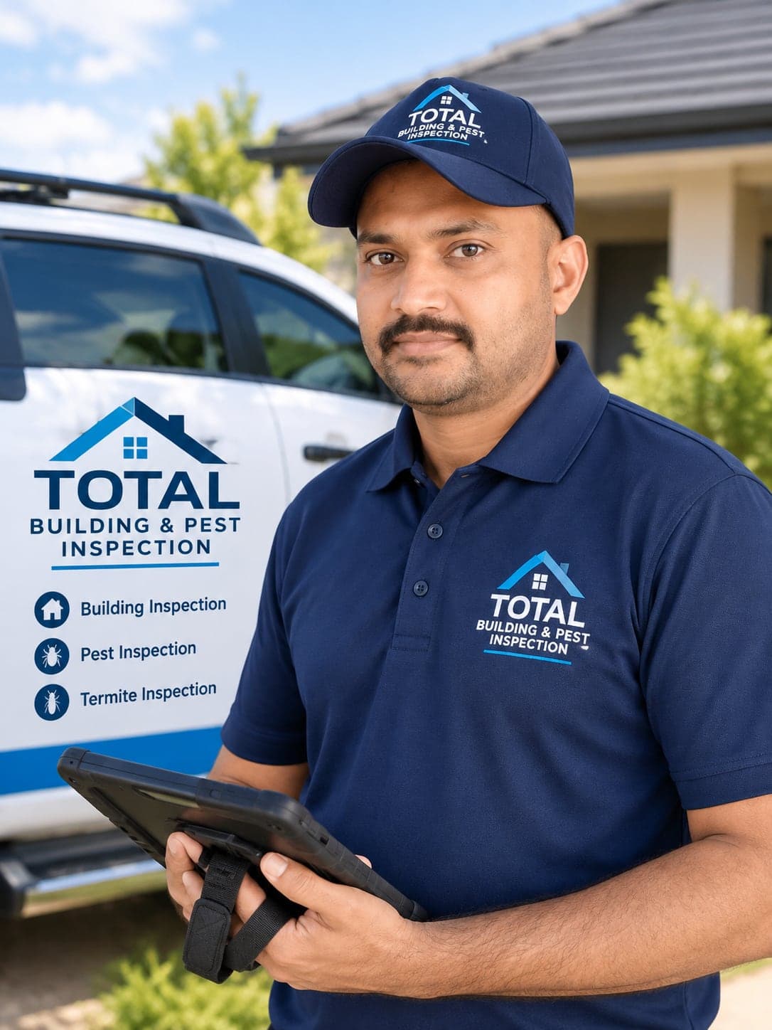 Mr. Gaurav (GP), founder and principal inspector of Total Building & Pest Inspection, holding an inspection tablet outside a home